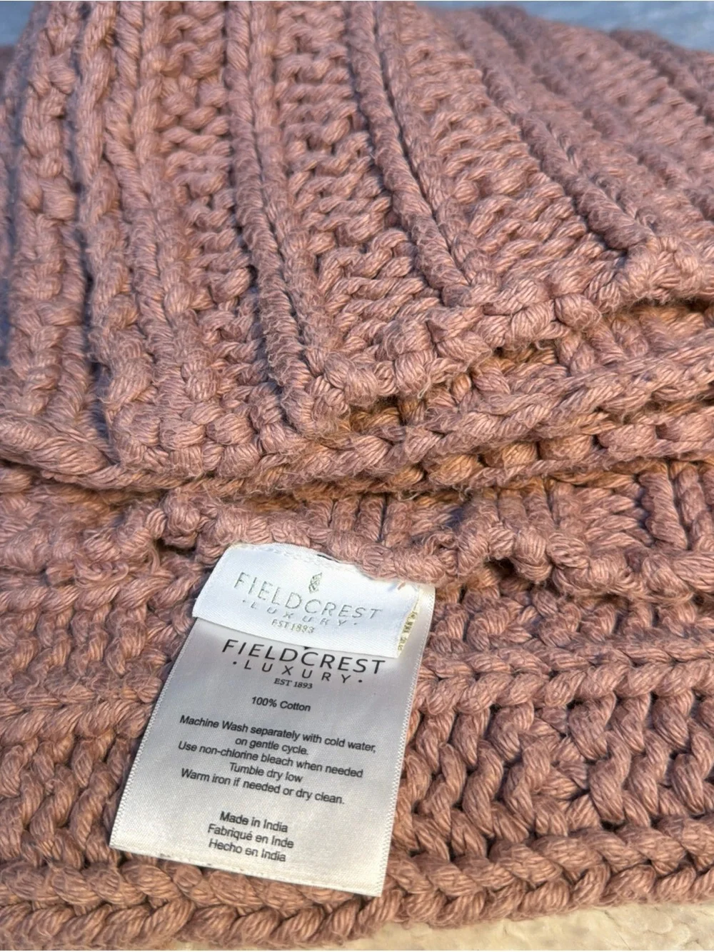 Fieldcrest luxury 100% Cotton handmade 50”x60” Mauve Knit Throw Blanket